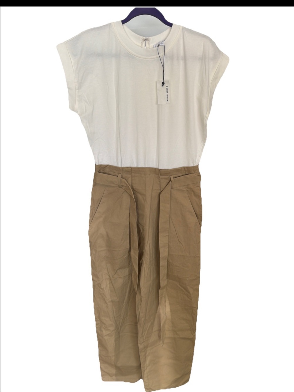 Miou Mous  Heights Women's Size S Wide Leg Jumpsuit belated Khaki & White  I-8